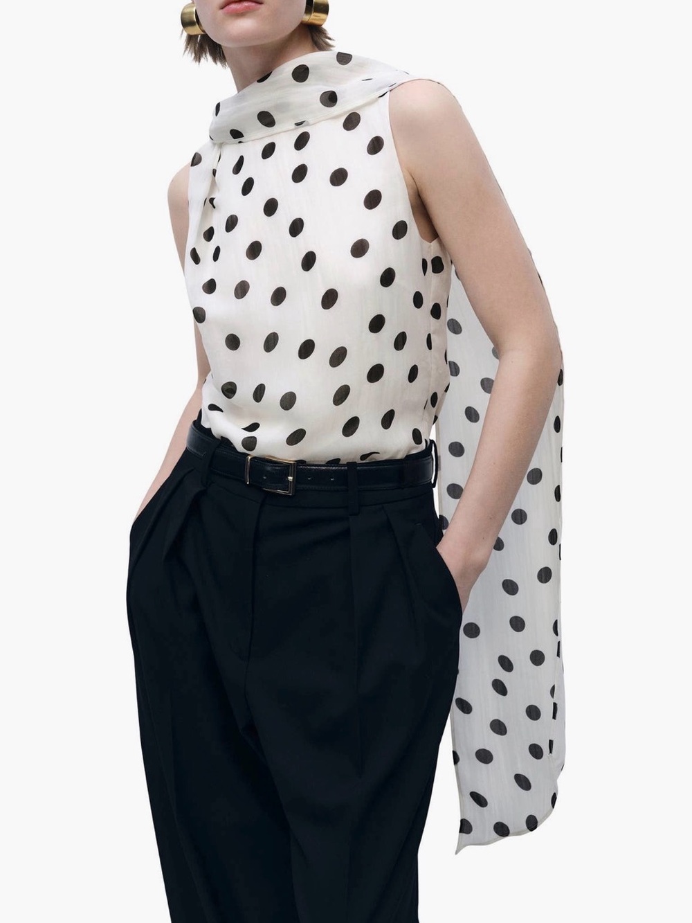 Mango White Polka Dot Scarf-Neck Sleeveless Blouse
